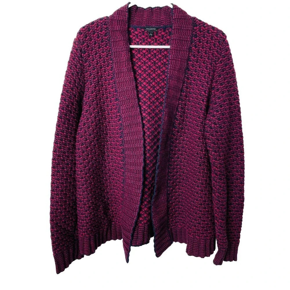 Talbots Open Cardigan Sz L Red Navy Long Sleeve Stretch Business Casual Womens